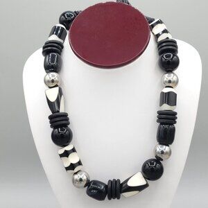 Black and White Large Bead Boho Necklace Black Cord Silver Ball Spacers